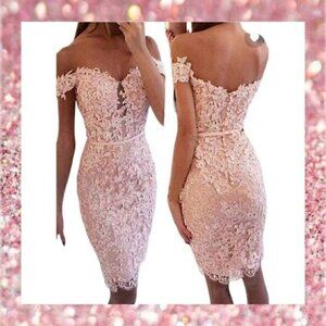 Pink Blush Lace Crochet Off The Shoulder Embroidery Bodycon Cocktail Dress